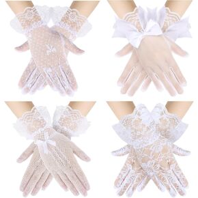 Heentan 4 Pairs Tea Party Gloves for Little Girls White Lace Satin Princess Dressing Gloves