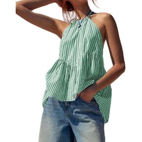 Women Halter Peplum Tank Top Y2k Striped Backless Sleeveless Babydoll Shirt Cute Ruffle Hem Flowy Cami Top