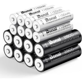 BONAI Rechargeable AA AAA Battery Combo,High Capacity 8PCS 2800mAh AA and 8PCS AAA 1100mAh NiMH Batteries Low Self-Discharge