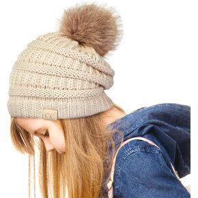 C.C Exclusives Solid Ribbed Kids Beanie Hat with Faux Fur Pom (KIDS-43)(KIDS-2061)