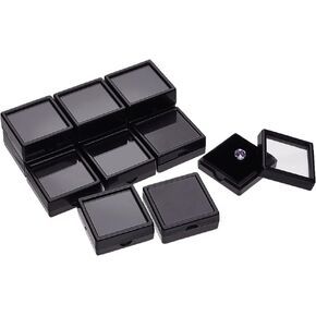 NBEADS 12 Pcs Gemstone Display Boxes, 1.63x1.63x0.65 inch Black Plastic Square Jewelry Display Container Diamond Storage Box with Clear Glass Top Lids and Black Sponge for Bare Stone Naked Diamond