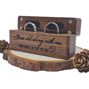 Rustic Wedding Ring Box - Wooden Engagement Ring Holder- with Engraved Jewelry Storage Box, Double Ring Box for Wedding, Ceremony, Brown, GA-WRB-01