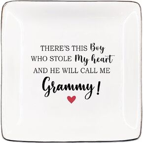 There's This Boy Who Stole My Heart & He Will Call Me Grammy Jewelry Dish, Grammy Gifts for Grandma, Grammy Ceramic Jewelry Tray for Rings & Earring, Earring Tray Gifts for Birthday Accessories
