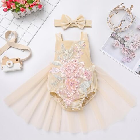 AWIBMK Baby Girls 1st Birthday Outfit Lace Romper Princess Tutu Dress Headband Cake Smash Clothes for Photo Shoot 2Pcs Sets in Kuwait