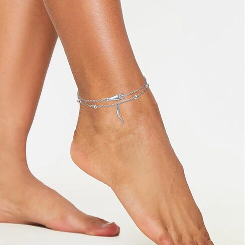 YAFEINI Italian Horn Hand Anklet Sterling Silver Cornicello and Mano Cornuto Layered Ankle Bracelet Italian Good Luck Protection Amulet Jewelry for Women Girls Gifts in Kuwait