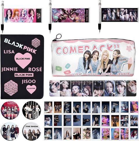 مجموعة هدايا Black Pink Merch Black Pink تشتمل على مقلمة وقلم ودفتر ملاحظات ومسطرة وبطاقات صور ودبابيس أزرار in Kuwait