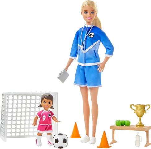 Barbie Soccer Coach Playset with Blonde Soccer Coach Doll, Student Doll and Accessories: Soccer Ball, Clipboard, Goal Net, Cones, Bench and More for Ages 3 and Up in Saudi Arabia