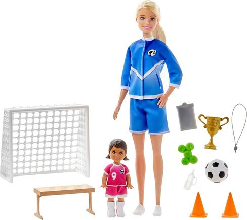 Barbie Soccer Coach Playset with Blonde Soccer Coach Doll, Student Doll and Accessories: Soccer Ball, Clipboard, Goal Net, Cones, Bench and More for Ages 3 and Up in Saudi Arabia