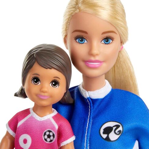 Barbie Soccer Coach Playset with Blonde Soccer Coach Doll, Student Doll and Accessories: Soccer Ball, Clipboard, Goal Net, Cones, Bench and More for Ages 3 and Up in Saudi Arabia