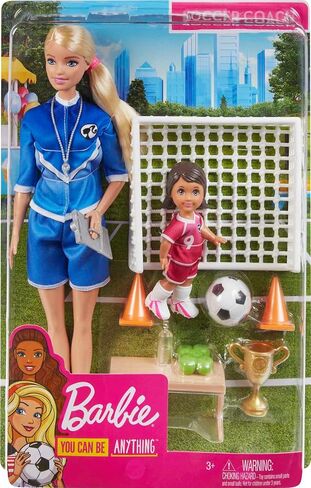 Barbie Soccer Coach Playset with Blonde Soccer Coach Doll, Student Doll and Accessories: Soccer Ball, Clipboard, Goal Net, Cones, Bench and More for Ages 3 and Up in Saudi Arabia