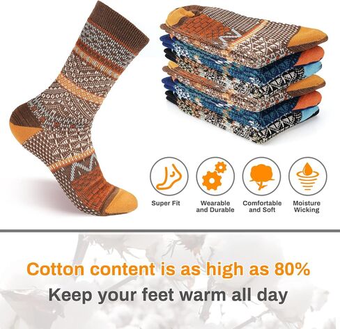 6 Pack Wool Socks for Men Women, Warm Cotton Socks Winter Cabin Socks, Vintage Fall Patterned Socks Unisex Knit Socks in Saudi Arabia