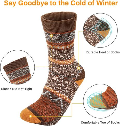 6 Pack Wool Socks for Men Women, Warm Cotton Socks Winter Cabin Socks, Vintage Fall Patterned Socks Unisex Knit Socks in Saudi Arabia