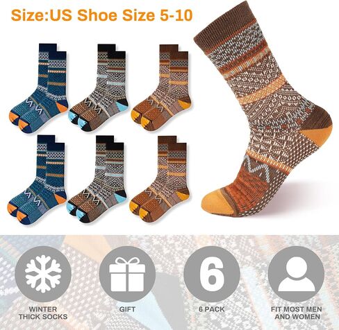 6 Pack Wool Socks for Men Women, Warm Cotton Socks Winter Cabin Socks, Vintage Fall Patterned Socks Unisex Knit Socks in Saudi Arabia