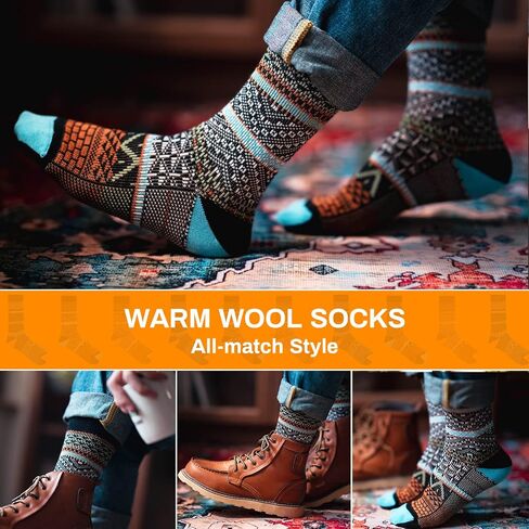 6 Pack Wool Socks for Men Women, Warm Cotton Socks Winter Cabin Socks, Vintage Fall Patterned Socks Unisex Knit Socks in Saudi Arabia