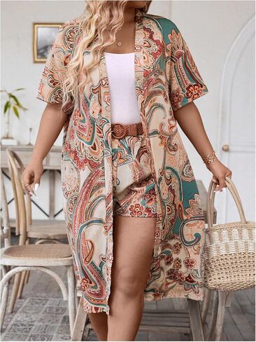 مجموعة ملابس صيفية نسائية من MakeMeChic مقاس كبير مكونة من قطعتين من الزهور مفتوحة من الأمام وأكمام قصيرة كيمونو طويل وسروال قصير بأرجل واسعة in Saudi Arabia