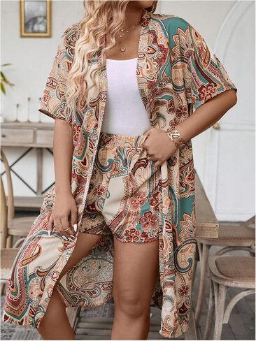 مجموعة ملابس صيفية نسائية من MakeMeChic مقاس كبير مكونة من قطعتين من الزهور مفتوحة من الأمام وأكمام قصيرة كيمونو طويل وسروال قصير بأرجل واسعة in Saudi Arabia