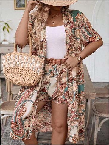 مجموعة ملابس صيفية نسائية من MakeMeChic مقاس كبير مكونة من قطعتين من الزهور مفتوحة من الأمام وأكمام قصيرة كيمونو طويل وسروال قصير بأرجل واسعة in Saudi Arabia