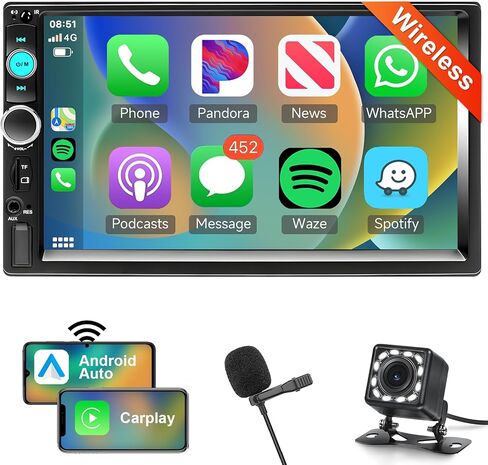 Podofo Wireless Apple Carplay Car Stereo Double Din، شاشة لمس عالية الدقة 7 بوصة تعمل بتقنية البلوتوث، مستقبل راديو السيارة يدعم نظام التشغيل Android اللاسلكي، كاميرا احتياطية، التحكم الصوتي، FM، وصلة مرآة، USB/TF/AUX in Kuwait