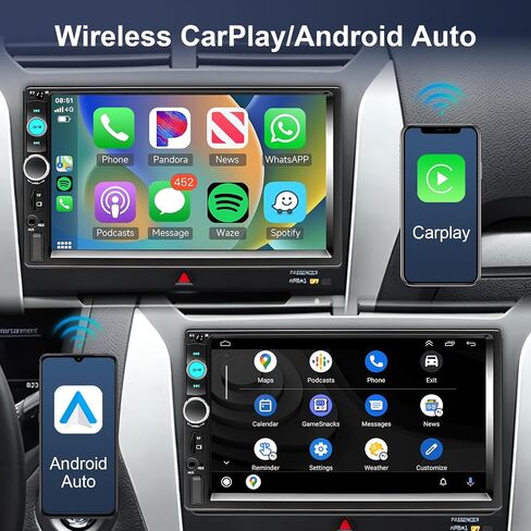 Podofo Wireless Apple Carplay Car Stereo Double Din، شاشة لمس عالية الدقة 7 بوصة تعمل بتقنية البلوتوث، مستقبل راديو السيارة يدعم نظام التشغيل Android اللاسلكي، كاميرا احتياطية، التحكم الصوتي، FM، وصلة مرآة، USB/TF/AUX in Kuwait