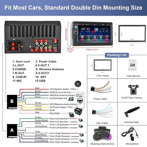 Podofo Wireless Apple Carplay Car Stereo Double Din، شاشة لمس عالية الدقة 7 بوصة تعمل بتقنية البلوتوث، مستقبل راديو السيارة يدعم نظام التشغيل Android اللاسلكي، كاميرا احتياطية، التحكم الصوتي، FM، وصلة مرآة، USB/TF/AUX in Kuwait