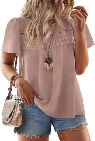 IN'VOLAND Plus Size Womens Summer Tops Crewneck Short Sleeve Shirts Lace Crochet Casual Chiffon Boho Blouses in Saudi Arabia