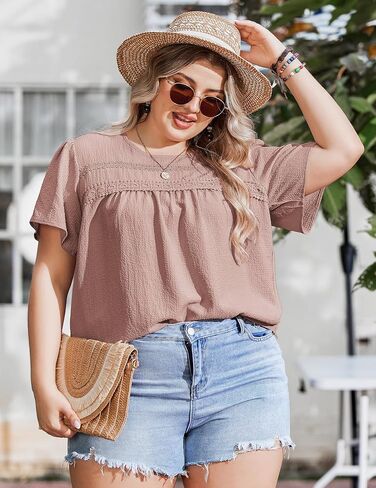 IN'VOLAND Plus Size Womens Summer Tops Crewneck Short Sleeve Shirts Lace Crochet Casual Chiffon Boho Blouses in Saudi Arabia