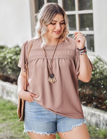 IN'VOLAND Plus Size Womens Summer Tops Crewneck Short Sleeve Shirts Lace Crochet Casual Chiffon Boho Blouses in Saudi Arabia