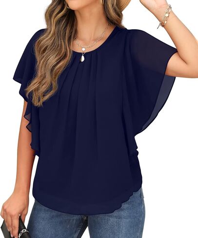 QIXING Summer Casual Loose Round Neck Chiffon Flowy Tops Blouses for Women in Saudi Arabia