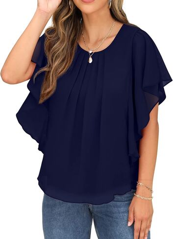 QIXING Summer Casual Loose Round Neck Chiffon Flowy Tops Blouses for Women in Saudi Arabia