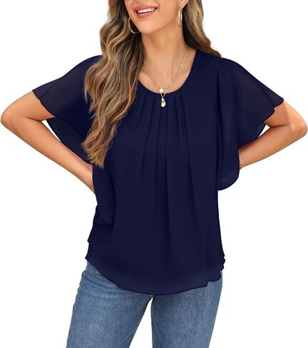 QIXING Summer Casual Loose Round Neck Chiffon Flowy Tops Blouses for Women in Saudi Arabia