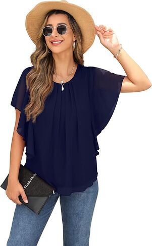 QIXING Summer Casual Loose Round Neck Chiffon Flowy Tops Blouses for Women in Saudi Arabia