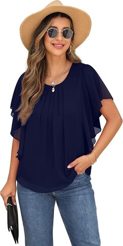 QIXING Summer Casual Loose Round Neck Chiffon Flowy Tops Blouses for Women in Saudi Arabia