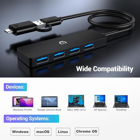 USB Hub, 4-Port USB 3.0 Hub, Instant Plug and Play Convenience, with a 4 Port USB 3.0 Hub Delivering 5Gbps Transfer Speed and USB to USB C Adapter, Compatible with Mac Air/Pro, HP, and More in Saudi Arabia