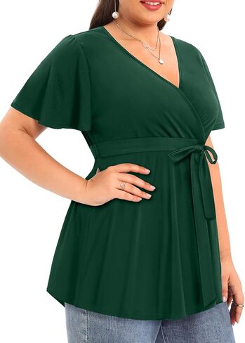 سترة علوية نسائية من Pinup Fashion بمقاس كبير وطباعة زهور وأكمام قصيرة وحزام صيفي وربطة عنق ملفوفة 1X-5X in Kuwait