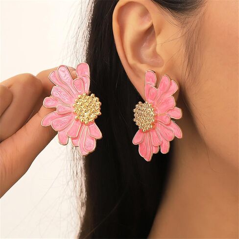 Vintage Daisy Flower Pink Earrings,Exaggerated Oversized Daisy Flower Earrings,Pink Flower Earrings,Wedding Prom Valentine's Day Red Jewelry Birthday Party Wedding Gifts in Saudi Arabia