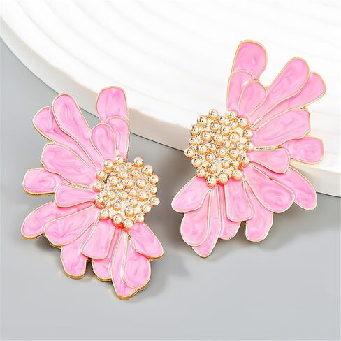 Vintage Daisy Flower Pink Earrings,Exaggerated Oversized Daisy Flower Earrings,Pink Flower Earrings,Wedding Prom Valentine's Day Red Jewelry Birthday Party Wedding Gifts in Saudi Arabia