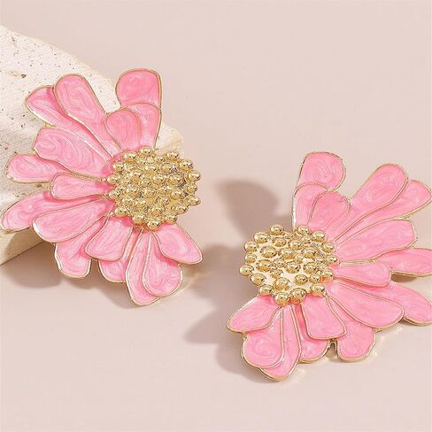 Vintage Daisy Flower Pink Earrings,Exaggerated Oversized Daisy Flower Earrings,Pink Flower Earrings,Wedding Prom Valentine's Day Red Jewelry Birthday Party Wedding Gifts in Saudi Arabia
