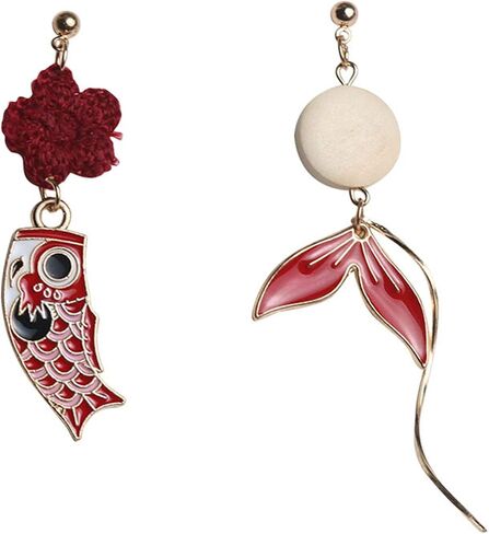 coadipress Goldfish Flower Earrings for Women Girls Chic Enamel Gold Plated Animal Carp Fish Tassel Asymmetric Dangle Drop Hook Earring Jewelry Gift in Saudi Arabia