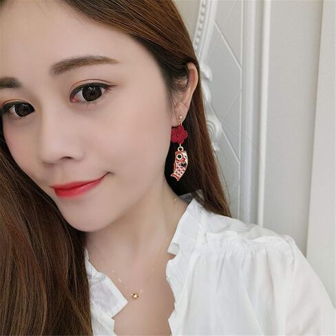 coadipress Goldfish Flower Earrings for Women Girls Chic Enamel Gold Plated Animal Carp Fish Tassel Asymmetric Dangle Drop Hook Earring Jewelry Gift in Saudi Arabia