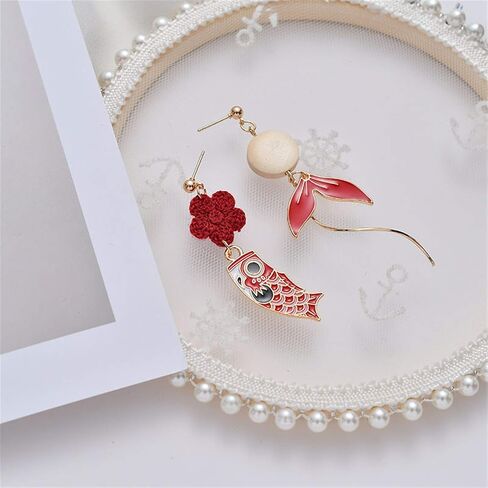 coadipress Goldfish Flower Earrings for Women Girls Chic Enamel Gold Plated Animal Carp Fish Tassel Asymmetric Dangle Drop Hook Earring Jewelry Gift in Saudi Arabia