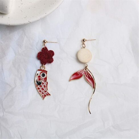 coadipress Goldfish Flower Earrings for Women Girls Chic Enamel Gold Plated Animal Carp Fish Tassel Asymmetric Dangle Drop Hook Earring Jewelry Gift in Saudi Arabia