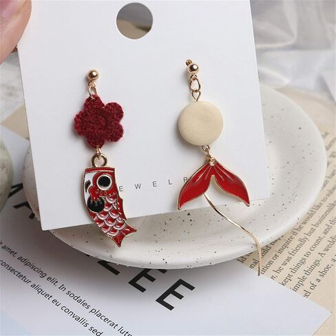 coadipress Goldfish Flower Earrings for Women Girls Chic Enamel Gold Plated Animal Carp Fish Tassel Asymmetric Dangle Drop Hook Earring Jewelry Gift in Saudi Arabia