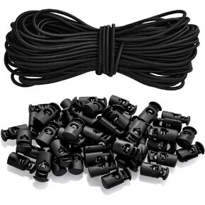 YOTINO 50 Pcs Plastic Cord Locks with 65 ft 1/8" inch Elastic Bungee Nylon Shock Cord, Crafting Stretch String for Drawstrings, Bags, Shoelaces, Clothing(Black)