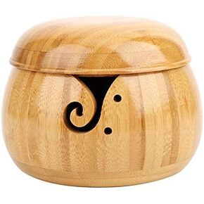 Bamboo Yarn Bowl, Knitting Bowl Carbonized Brown Bowl Yarn Holder with Removable Lid for Knitting and Crochet