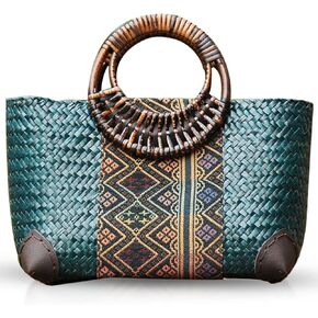 Beach Bag for Women, Handmade Rattan Tote Bag, Round Bamboo Handle, Boho Retro pattern Straw Woven Handbag, Large Summer Beach Vacation Bag (Blue)