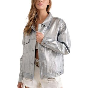 Women's Metallic Coated Denim Jacket Button Up Long Sleeve Jean Jacket with Pockets Y2k Shacket Outwear