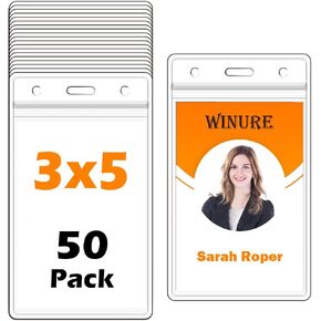 50 Pack Vinyl ID Badge Holders (Fit 3x5 inch Inserts), Waterproof, Clear Plastic, Premium Quality, Heavy-Duty, Vertical Hanging Card Holder with Zipper, Durable Nametag Holders