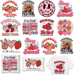 Whaline 9 Sheets Strawberry Iron on Stickers Boho Retro Fruit Heat Transfer Decals Red Pink Printed HTV Crafts Vinyl for Clothing T-Shirts Fabric DIY Decor