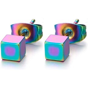 Unique Oxidized Rainbow Cube Stud Earrings for Man and Women, Stainless Steel, 2pcs