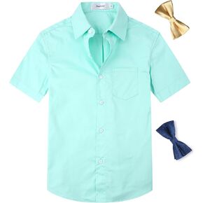 Aimehonpe Boys Short Sleeve Dress Shirts Solid Poplin Soft Stretch Fabrics with Two Bow Tie Set in Kuwait